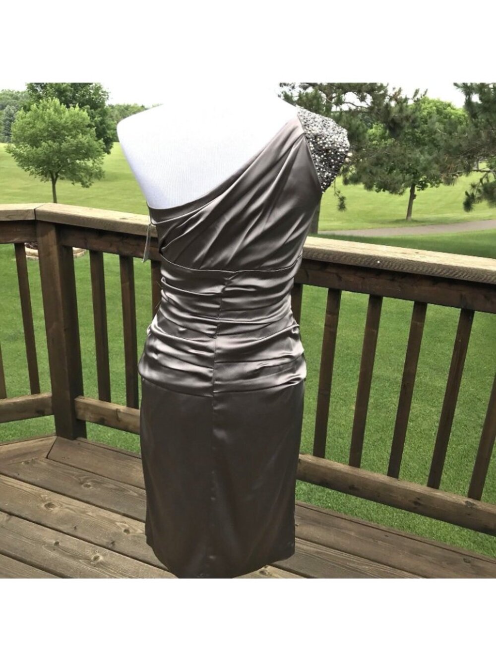 Suzi Chin Maggy One Shoulder Sheath Formal Dress Size 2 Taupe Ruched Embellished - Picture 2 of 12